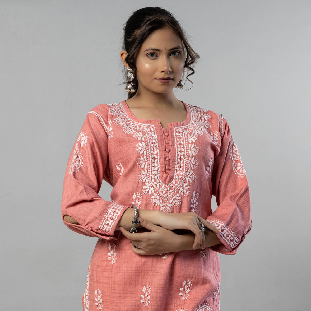 Buy Chikankari Hand Embroidered Cotton Long Kurti Online at iTokricom   iTokri आईटकर