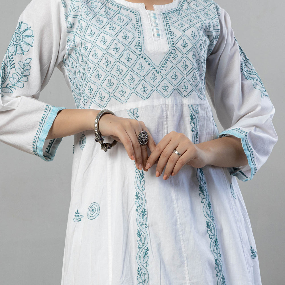 White Blue Chikankari Hand Embroidered Cotton Anarkali Long Kurti with Inner