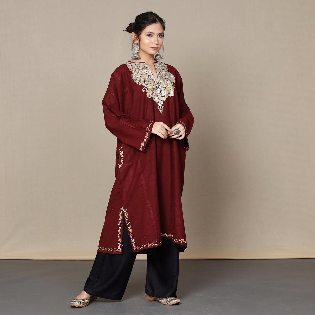 Dark Maroon Aari Embroidery Kashmiri Merino Wool Pheran