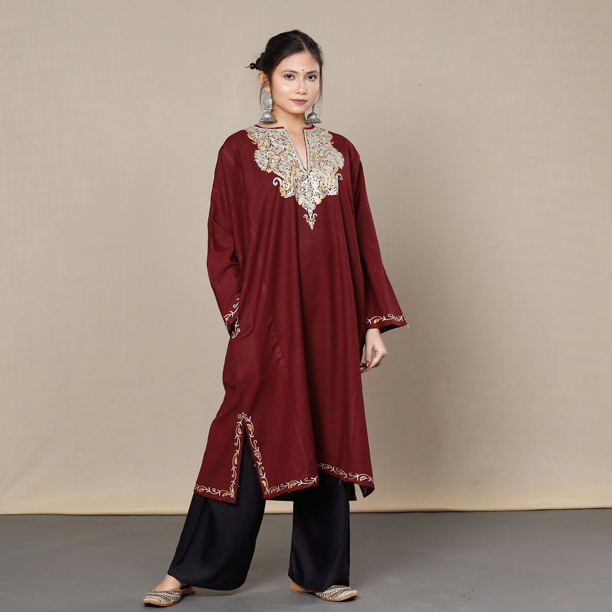 Dark Maroon Aari Embroidery Kashmiri Merino Wool Pheran