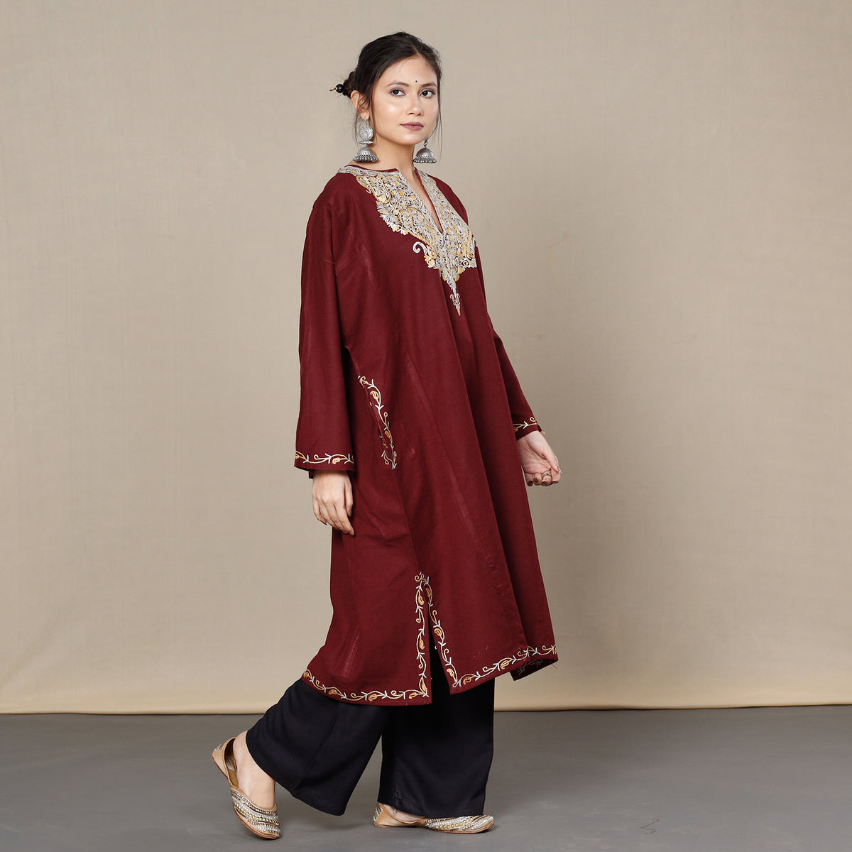 Dark Maroon Aari Embroidery Kashmiri Merino Wool Pheran