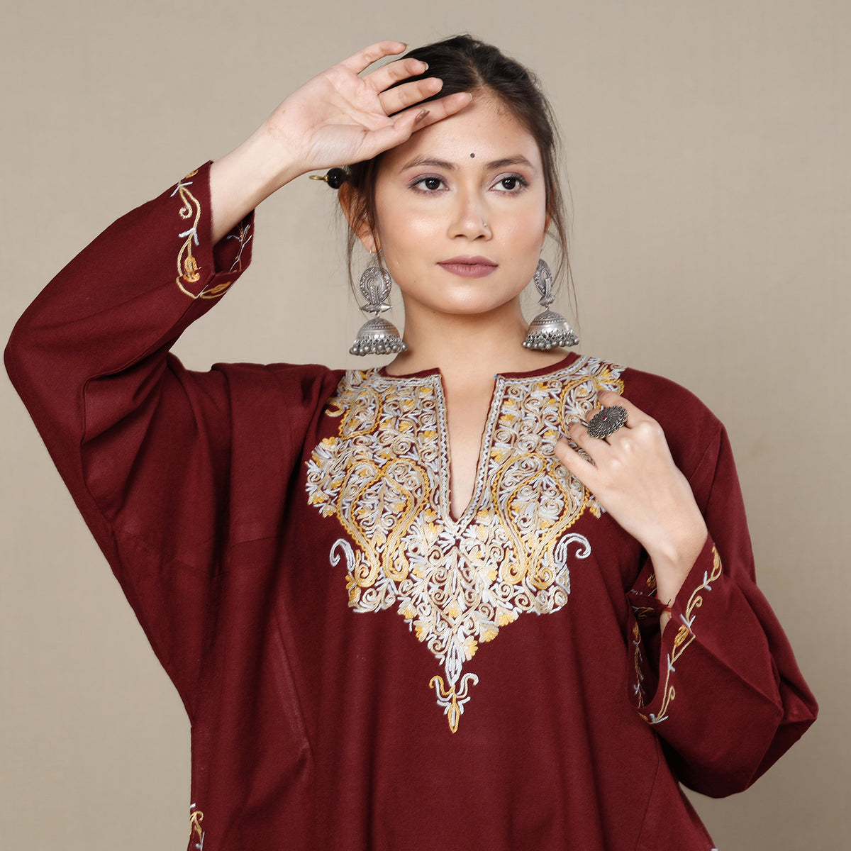 Dark Maroon Aari Embroidery Kashmiri Merino Wool Pheran
