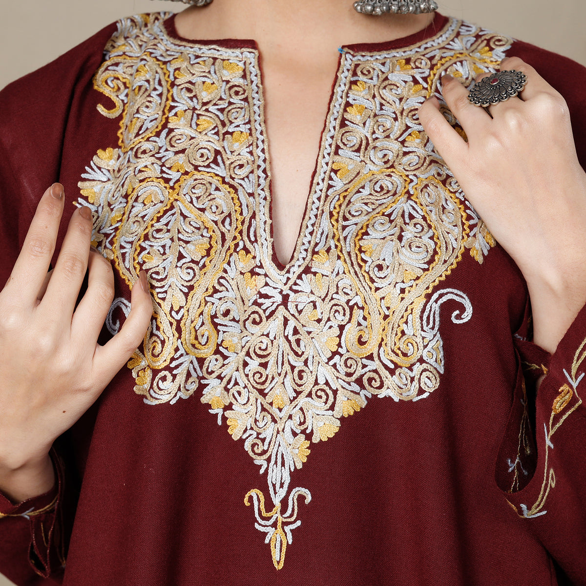 Dark Maroon Aari Embroidery Kashmiri Merino Wool Pheran