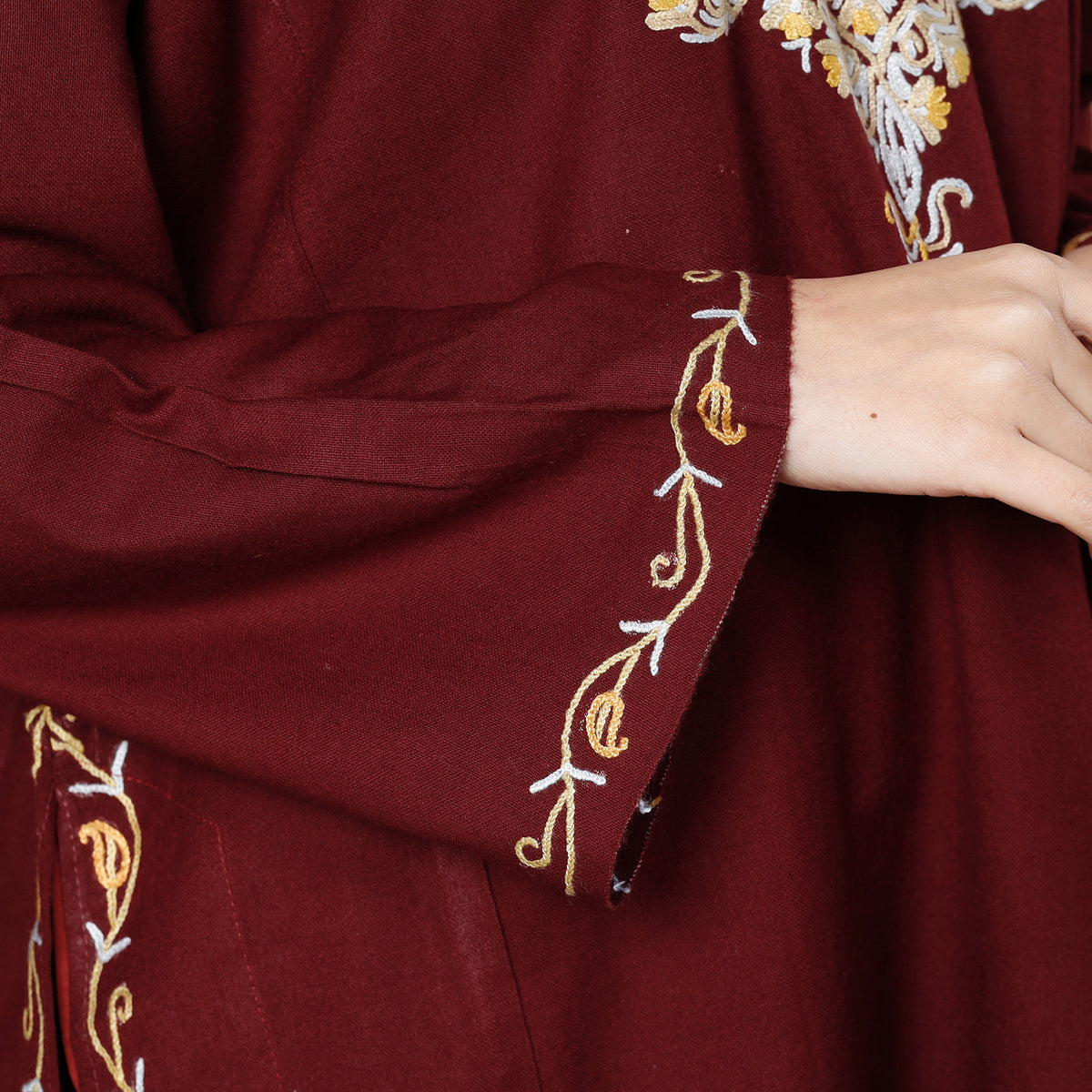 Dark Maroon Aari Embroidery Kashmiri Merino Wool Pheran