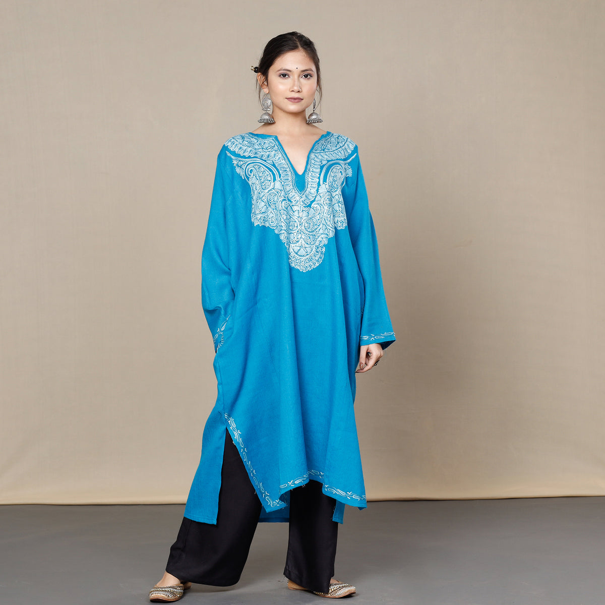 Azure Blue Aari Embroidery Kashmiri Merino Wool Pheran