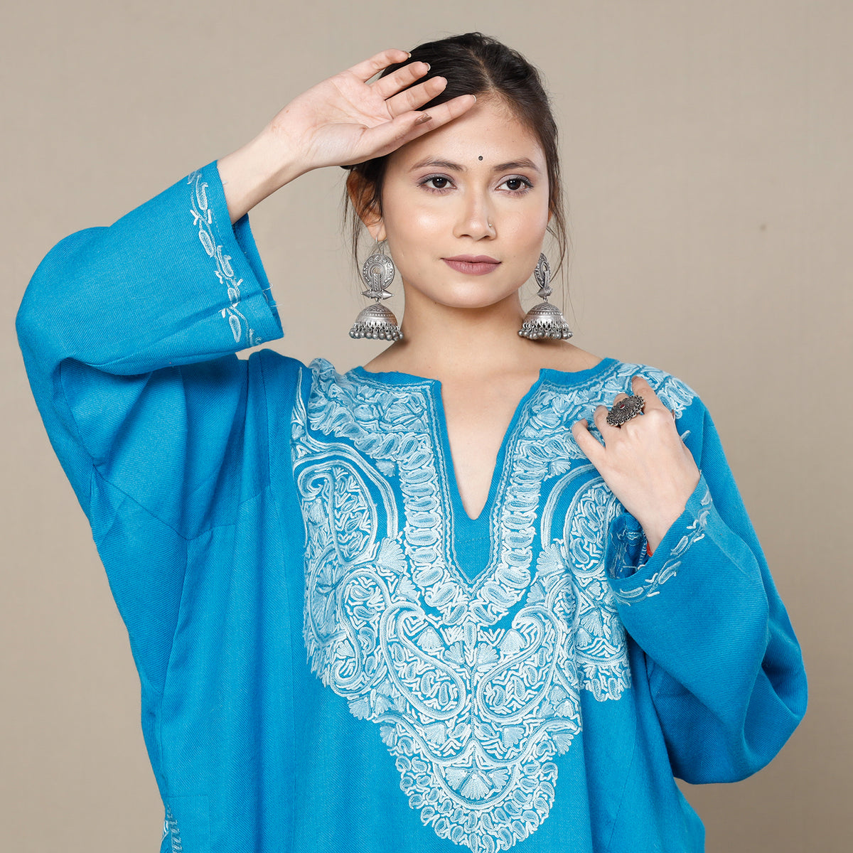 Azure Blue Aari Embroidery Kashmiri Merino Wool Pheran