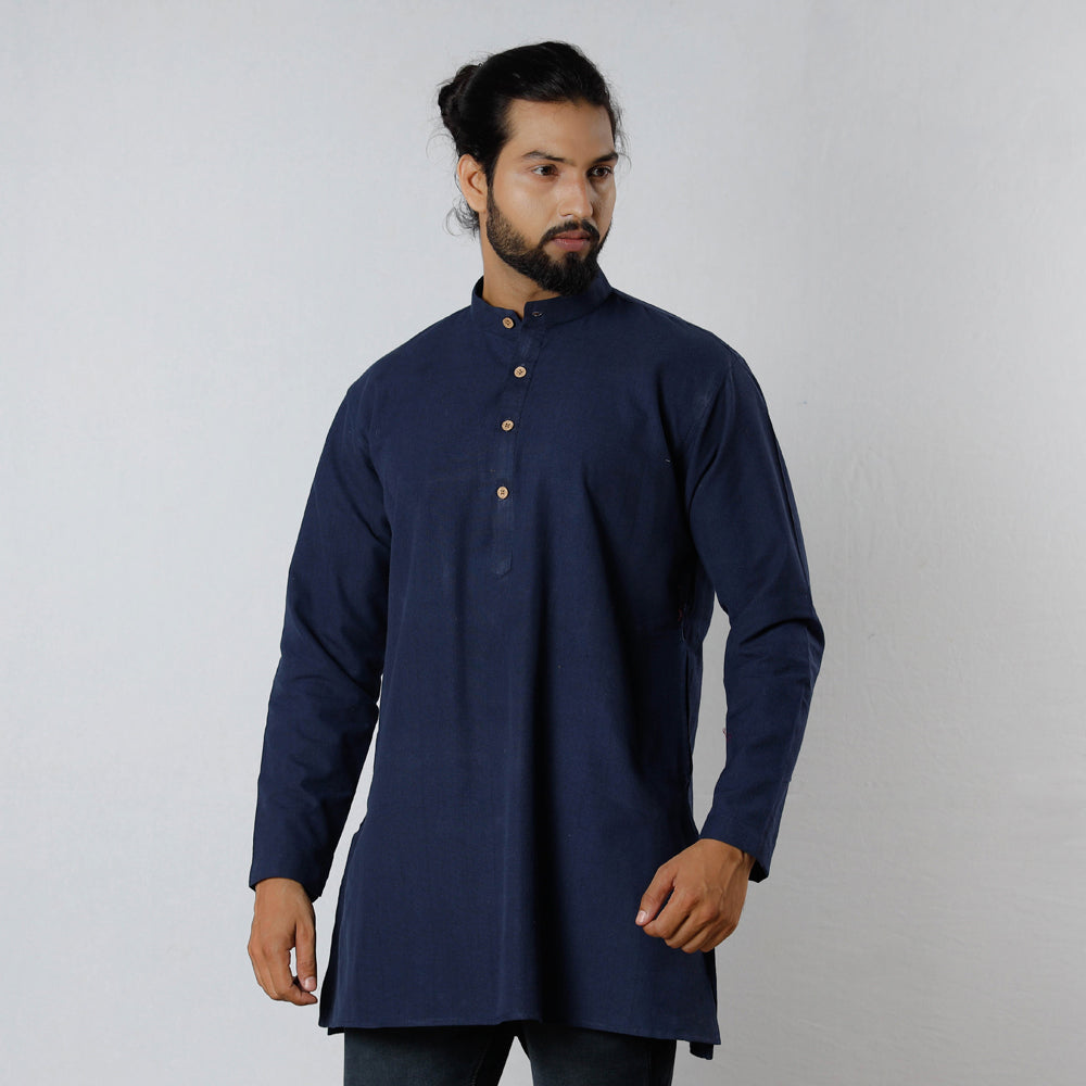Navy Blue - Handloom Cotton Men Short Kurta