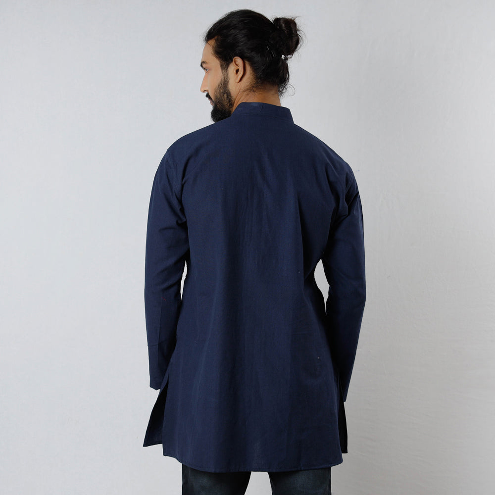 Navy Blue - Handloom Cotton Men Short Kurta