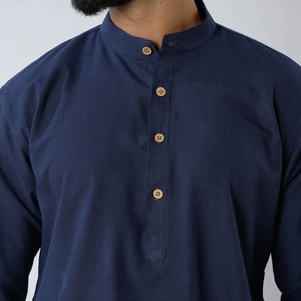 Navy Blue - Handloom Cotton Men Short Kurta