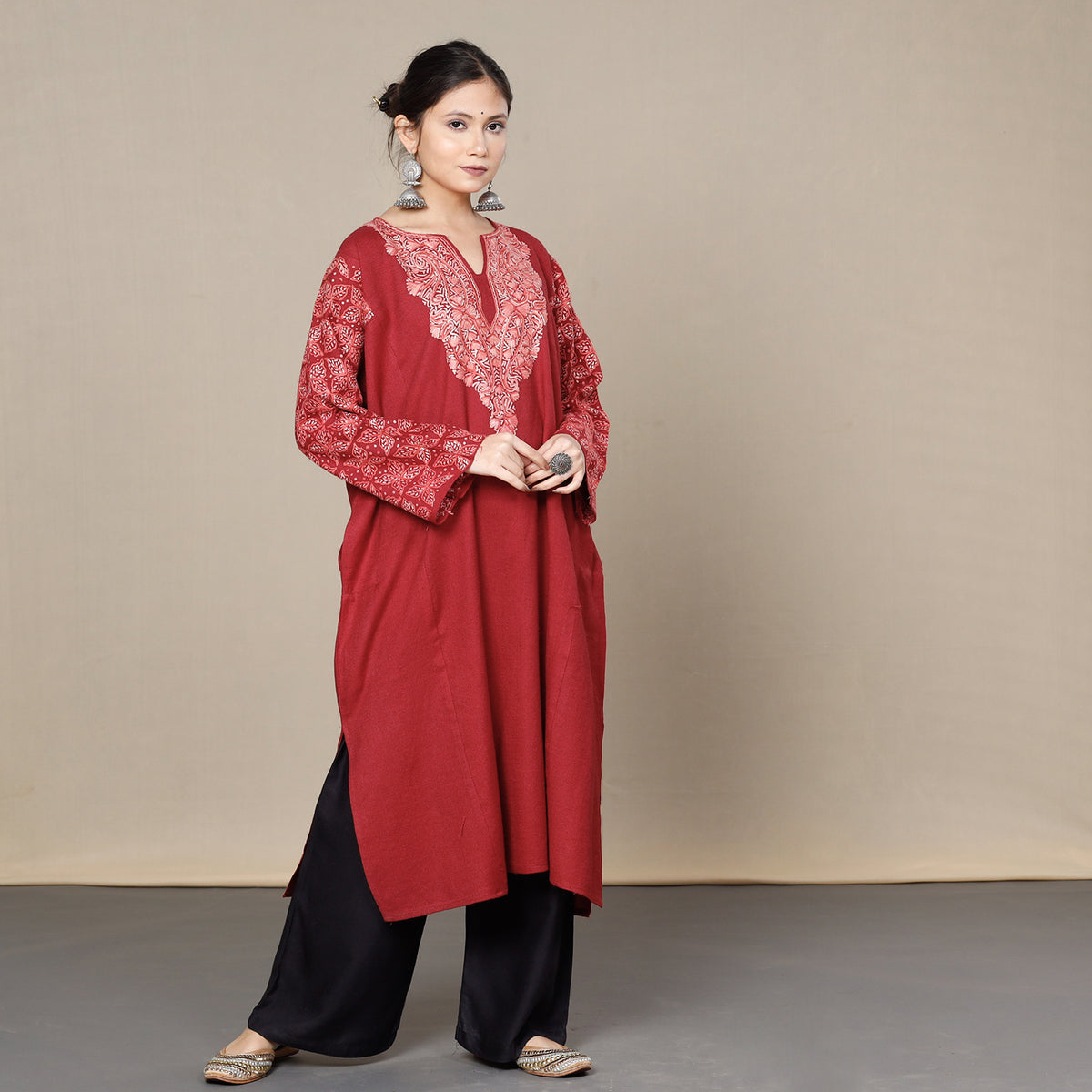 Burgundy Red Aari Embroidery Kashmiri Merino Wool Pheran