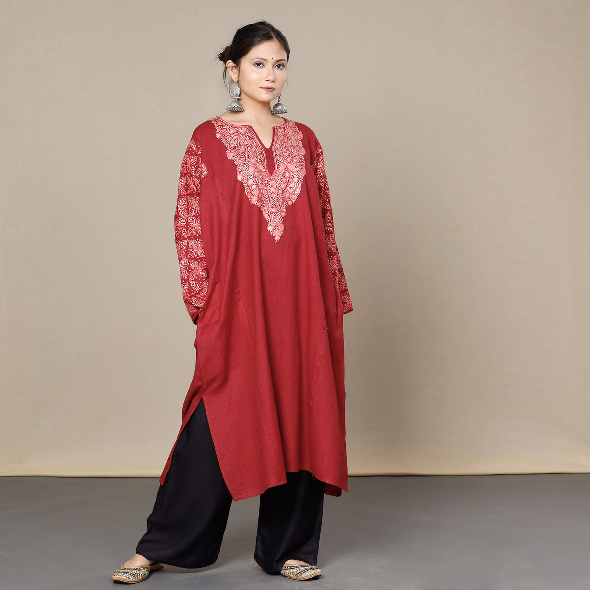Burgundy Red Aari Embroidery Kashmiri Merino Wool Pheran