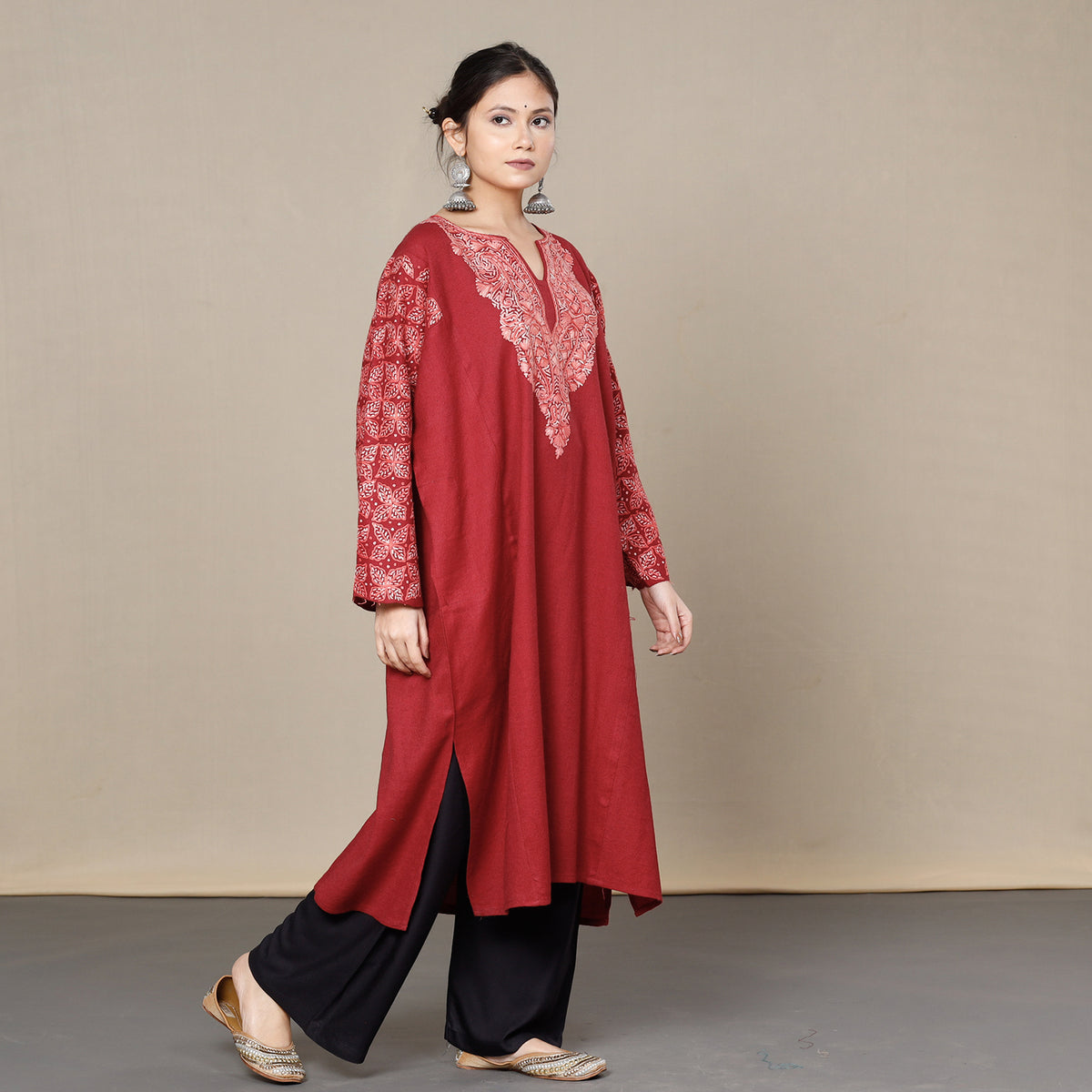 Burgundy Red Aari Embroidery Kashmiri Merino Wool Pheran