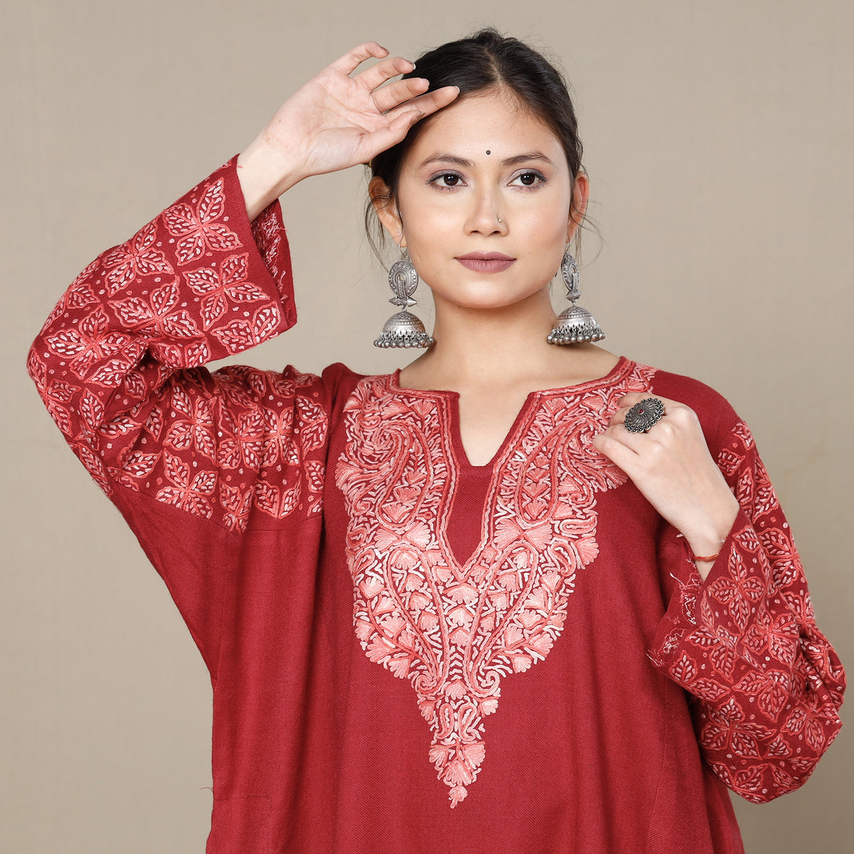 Burgundy Red Aari Embroidery Kashmiri Merino Wool Pheran
