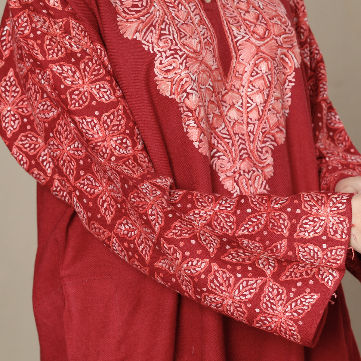 Burgundy Red Aari Embroidery Kashmiri Merino Wool Pheran