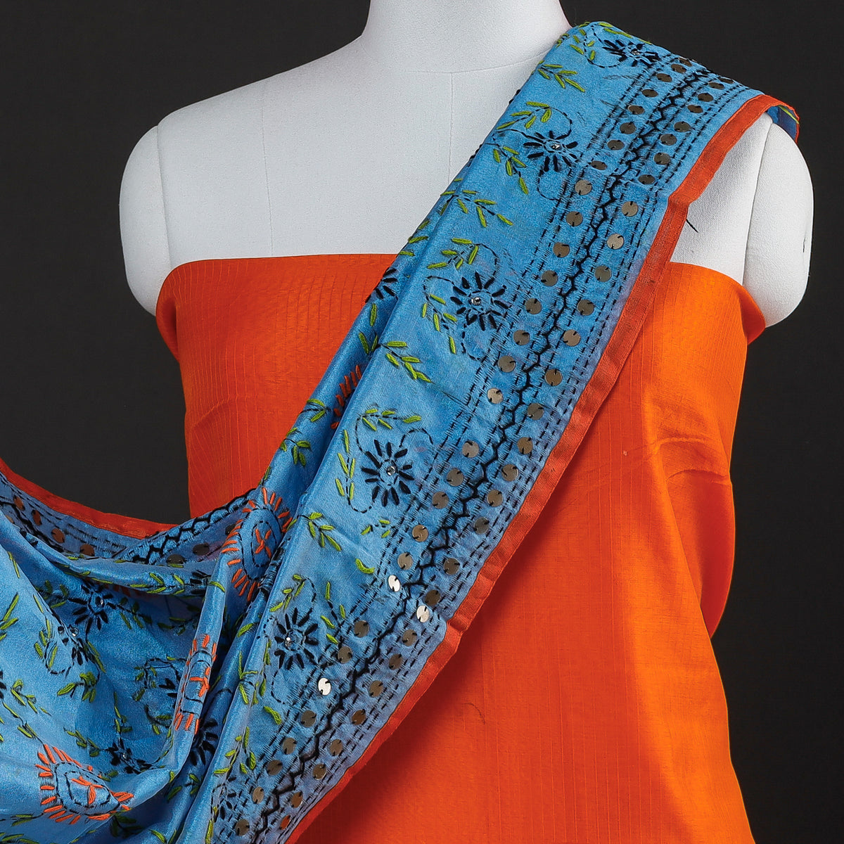 2pc Maheshwari Silk Handloom Suit Material with Ranihati Chanderi Silk Phulkari Embroidery Dupatta