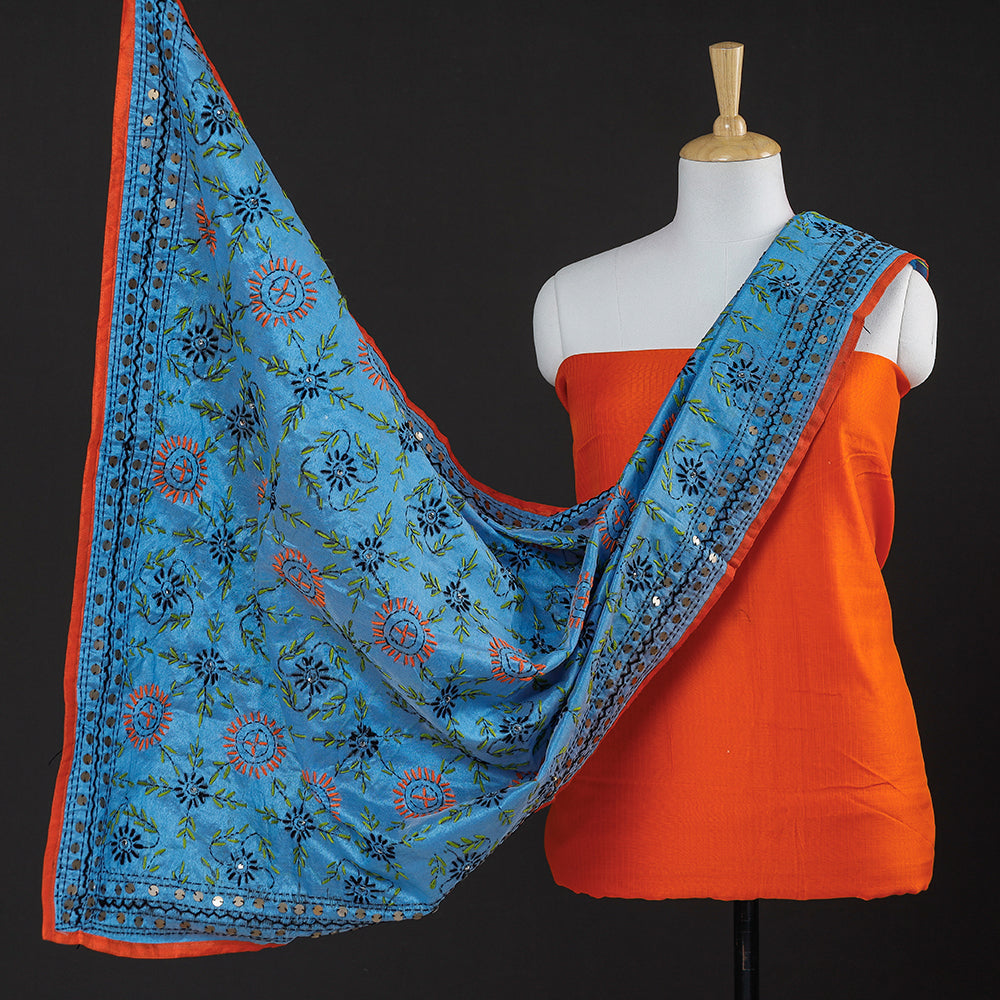2pc Maheshwari Silk Handloom Suit Material with Ranihati Chanderi Silk Phulkari Embroidery Dupatta
