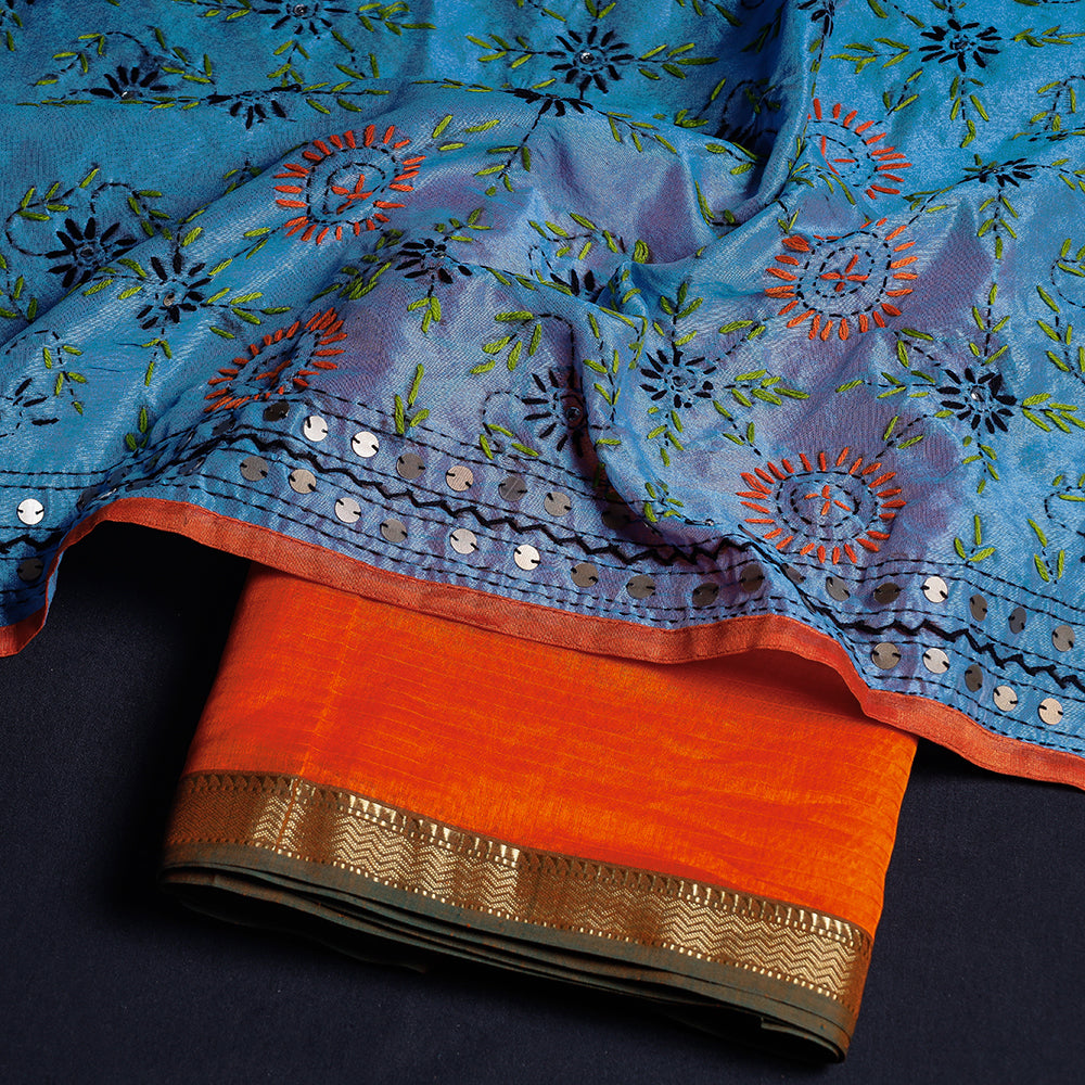 2pc Maheshwari Silk Handloom Suit Material with Ranihati Chanderi Silk Phulkari Embroidery Dupatta
