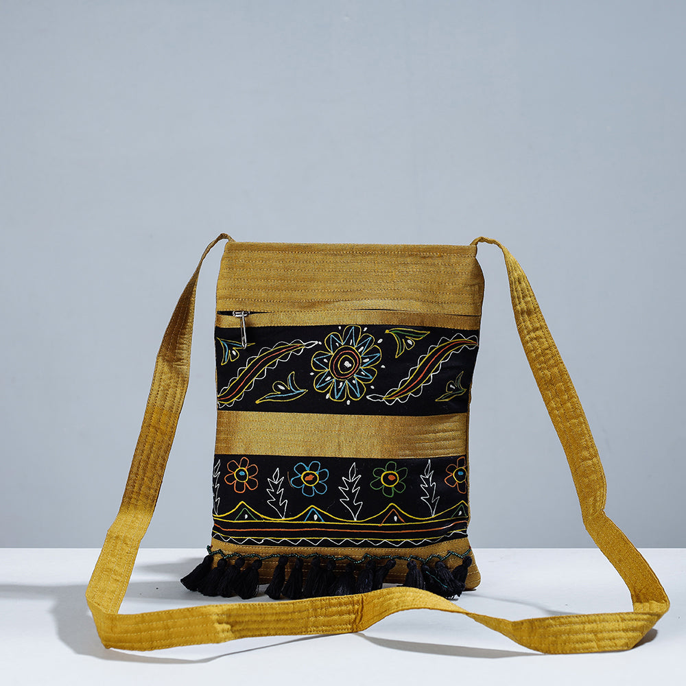 Traditional Rogan Hand Painted Silk Bead Work Sling Bag with Tassles