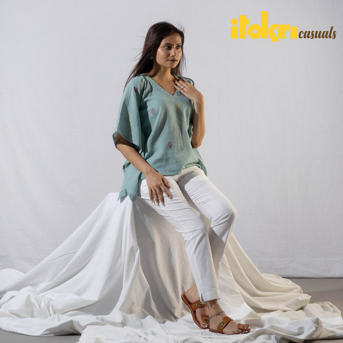 Light Cyan Handwoven Kala Cotton Kaftan Crop Top by iTokri Casuals