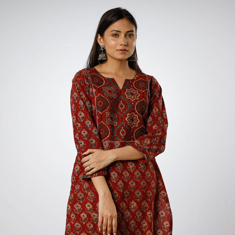 Red Indigo Ajrakh Block Printing Cotton Long Kurti
