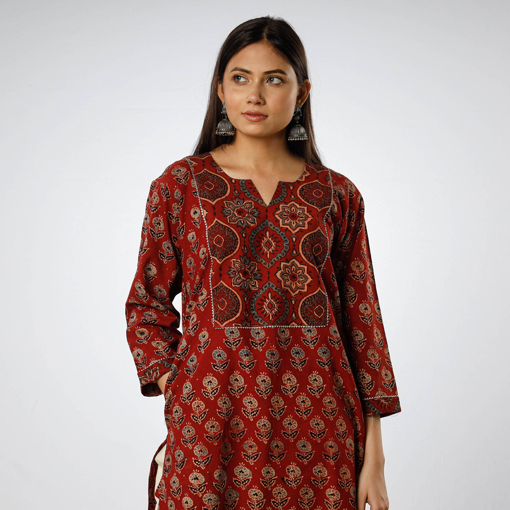 Red Indigo Ajrakh Block Printing Cotton Long Kurti