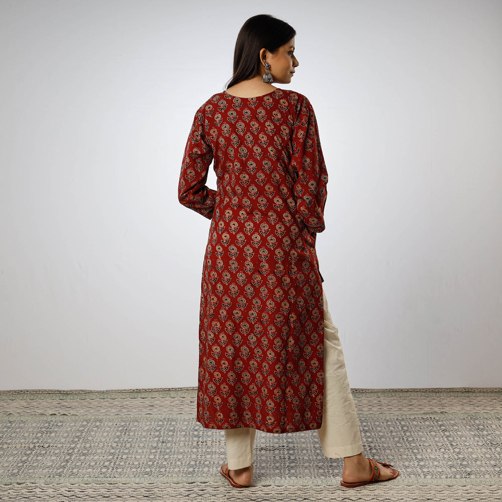 Red Indigo Ajrakh Block Printing Cotton Long Kurti