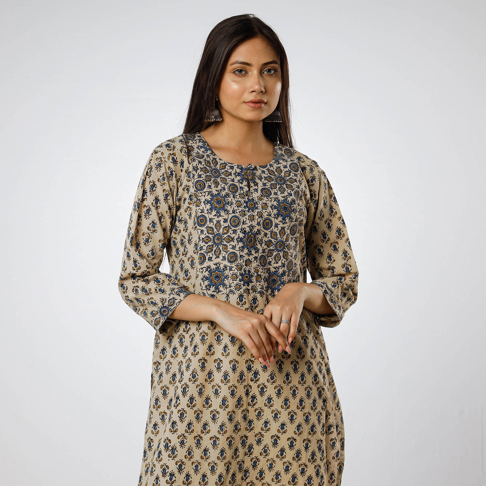 Beige Ajrakh Block Printing Cotton Long Kurta