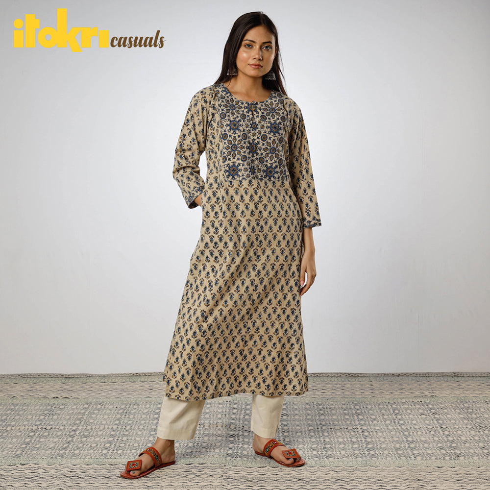 Beige Ajrakh Block Printing Cotton Long Kurta