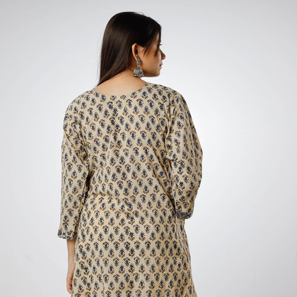 Beige Ajrakh Block Printing Cotton Long Kurta