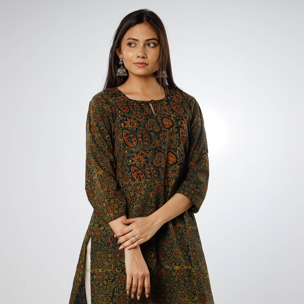 Green Red Ajrakh Block Printing Cotton Long Kurti