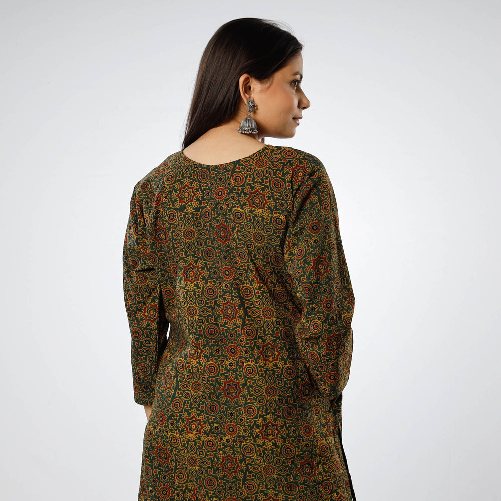Green Red Ajrakh Block Printing Cotton Long Kurti