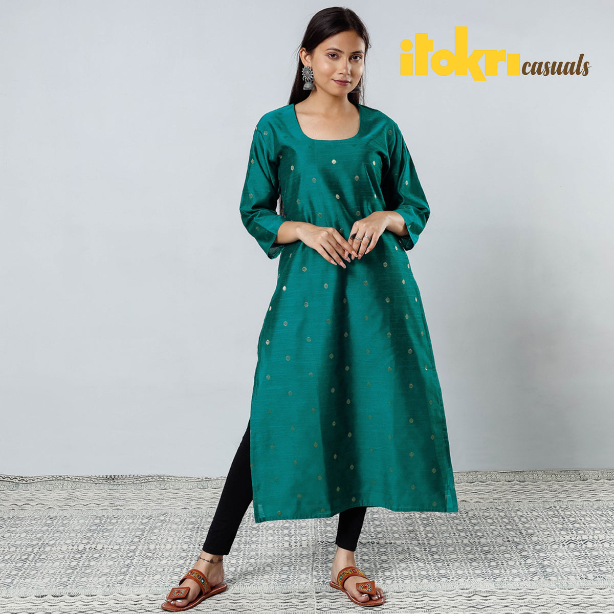 Dark Green Polka Zari Butta Spun Dupion Silk Long Kurta