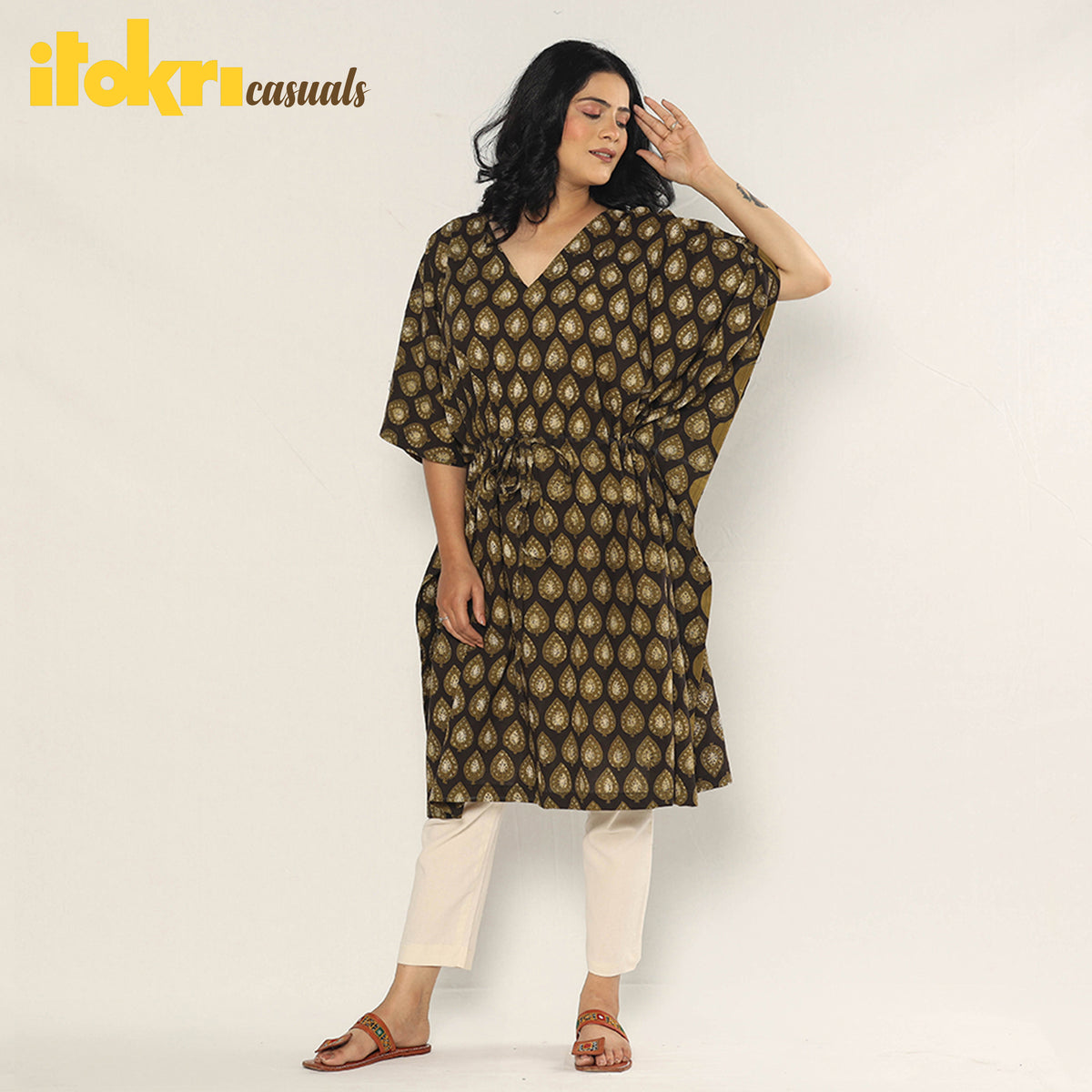 Bagru Dabu Block Printing Cotton Kaftan Dress (Medium)